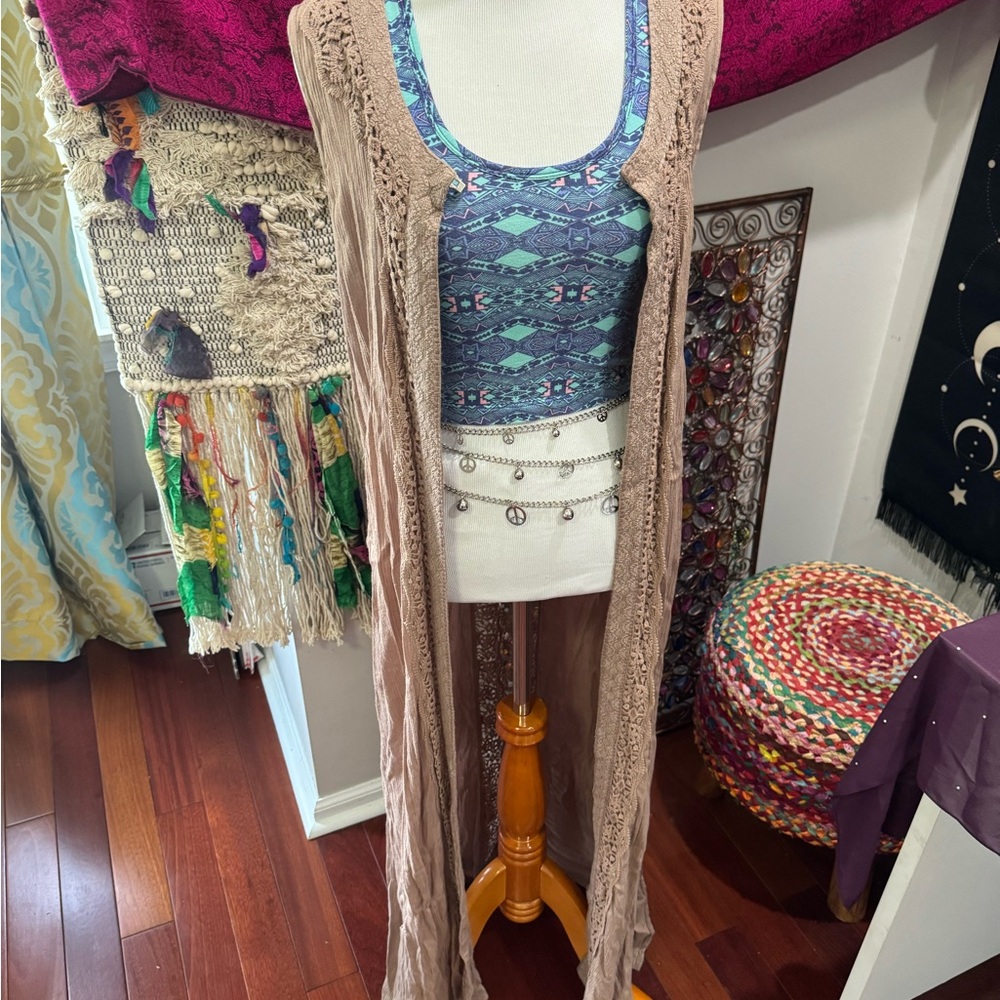 Bohemian Tan Lace Duster Cardigan Small